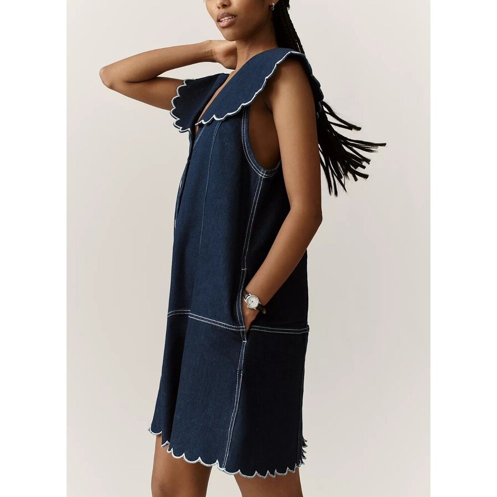 Anthropologie Pilcro Scalloped Denim Buttondown Dress Sleeveless Navy MP 288613 - Picture 3 of 10